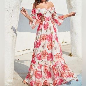 *NWOT* Giffniseti Floral Off The Shoulder Flounce Sleeve Cut Out Maxi Dress
